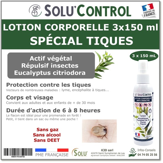 Solu'control lotion répulsive tiques 3x150 ml - protection 6-8h - sans deet - corps et visage - randonnée jardin