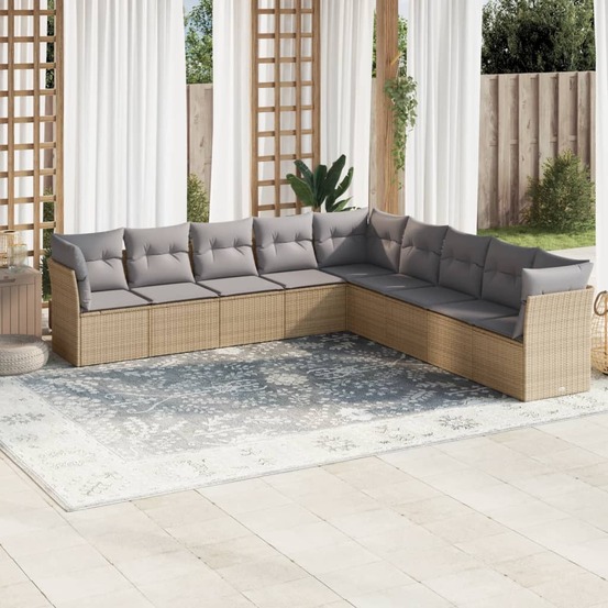 Salon de jardin avec coussins 9 pcs beige résine tressée