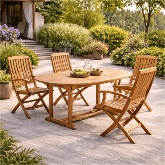 Ensemble table de jardin en teck ovale nina 160/210 et 4 fauteuils lisato