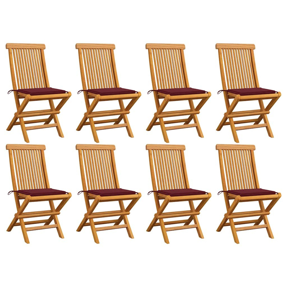 Chaises de jardin avec coussins bordeaux lot de 8 teck massif