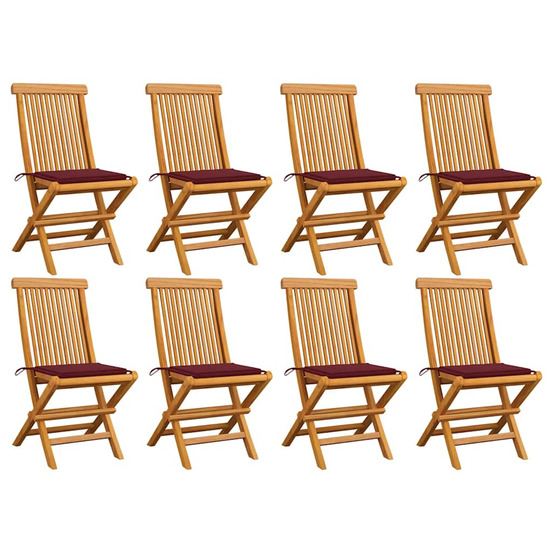 Chaises de jardin avec coussins bordeaux lot de 8 teck massif