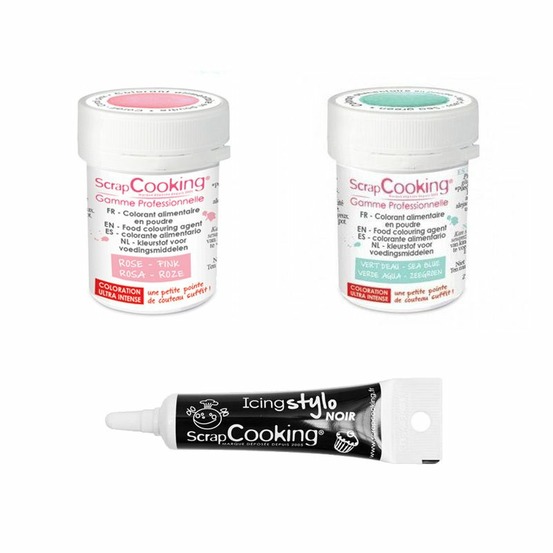 2 colorants alimentaires vert d'eau-rose poudré + stylo glaçage noir