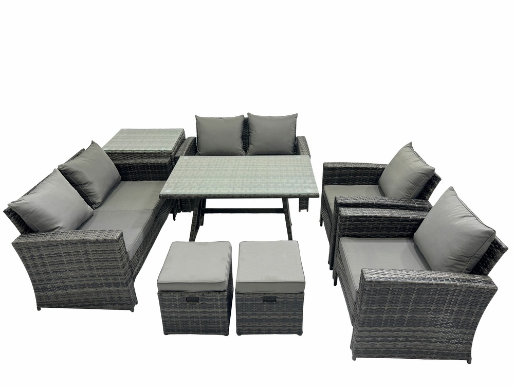 Salon de jardin 8 places avec table à manger rectangulaire canapé à deux places table d'appoint 2 petits tabourets gris foncé mixte