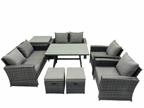 Salon de jardin 8 places avec table à manger rectangulaire canapé à deux places table d'appoint 2 petits tabourets gris foncé mixte