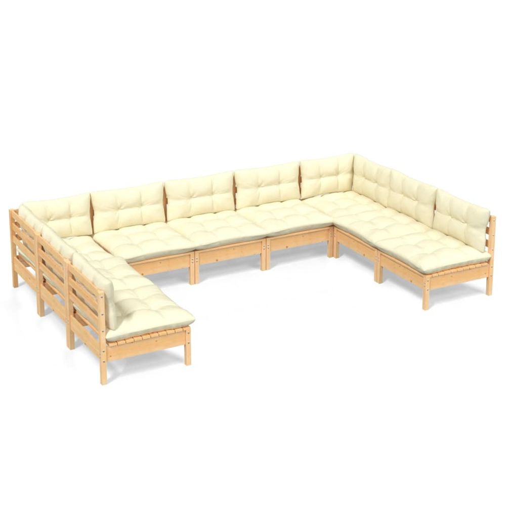 Salon de jardin 9 pcs avec coussins crème bois de pin massif