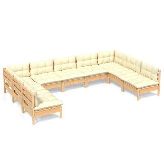 Salon de jardin 9 pcs avec coussins crème bois de pin massif