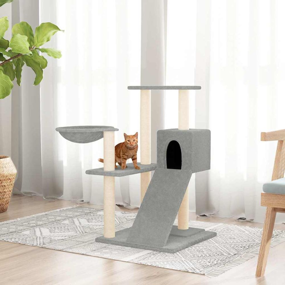 Arbre à chat 82 cm avec niche et hamac en sisal et peluche gris clair
