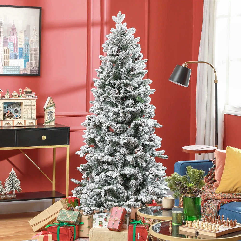 Sapin de noël artificiel 180 cm arbre de noël avec support en métal 1489 branches enneigées, pommes de pin, vert