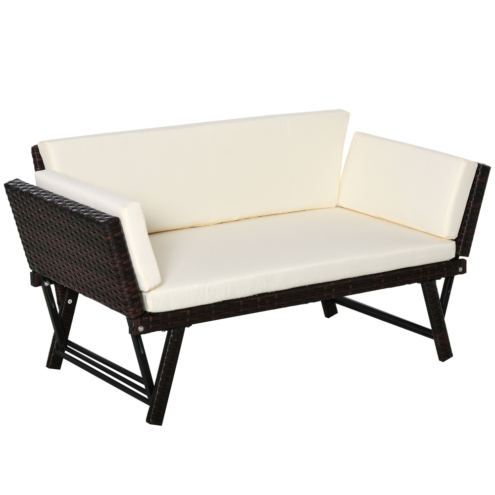 Canapé jardin polyrotin 2 pers: pliable, accoudoirs, acier marron 129x63x67cm, terrasse/balcon