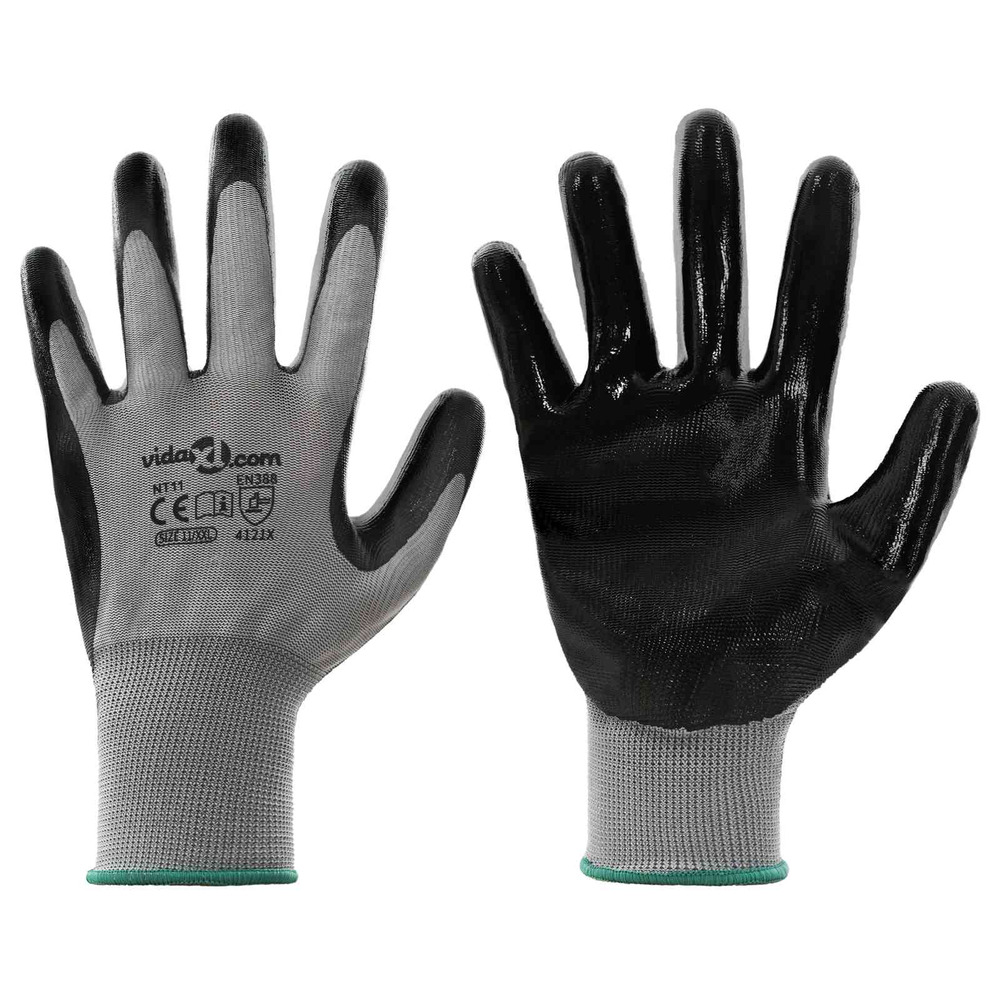Gants de travail 12 pcs gris et noir 11 / xxl polyester