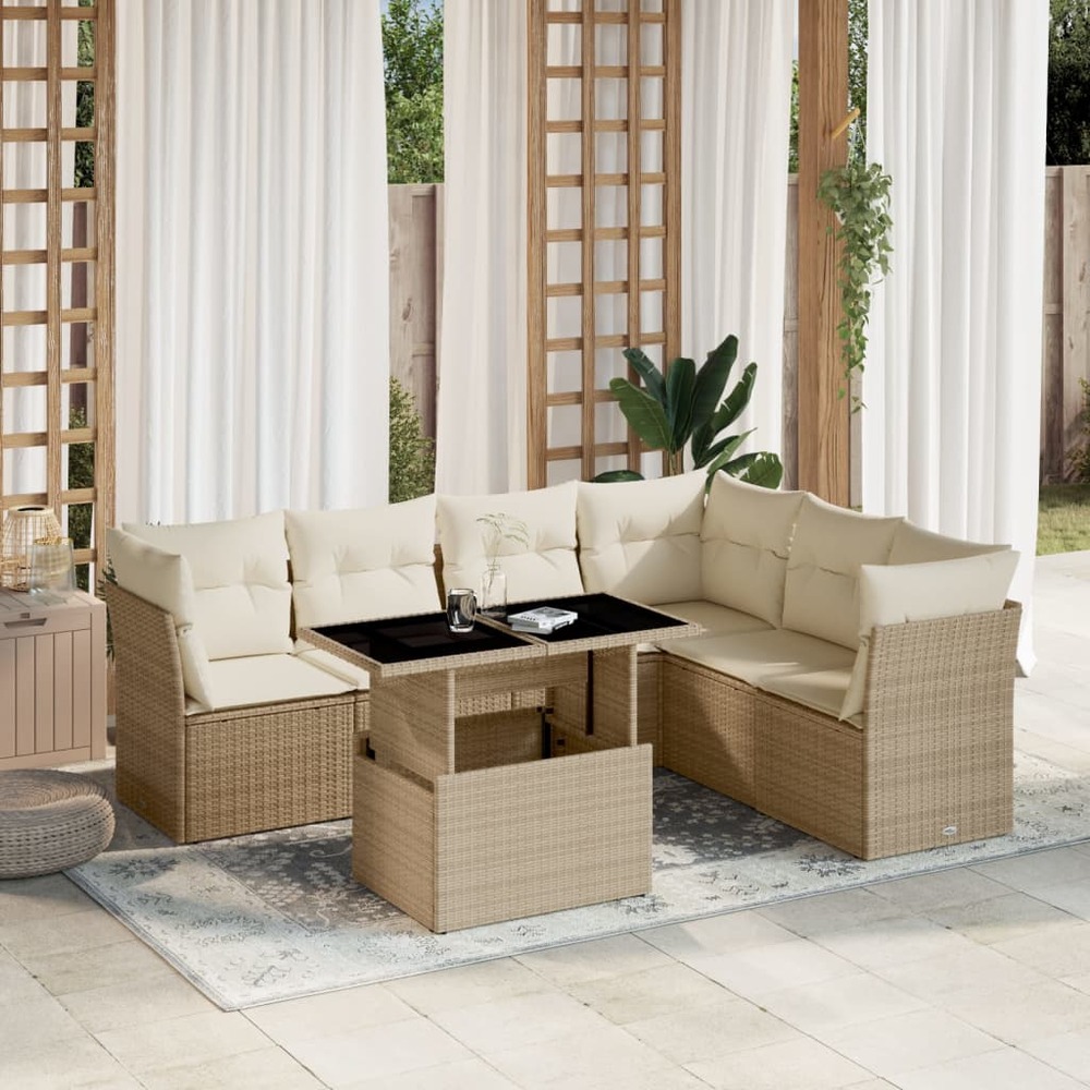 Salon de jardin avec coussins 7 pcs beige résine tressée