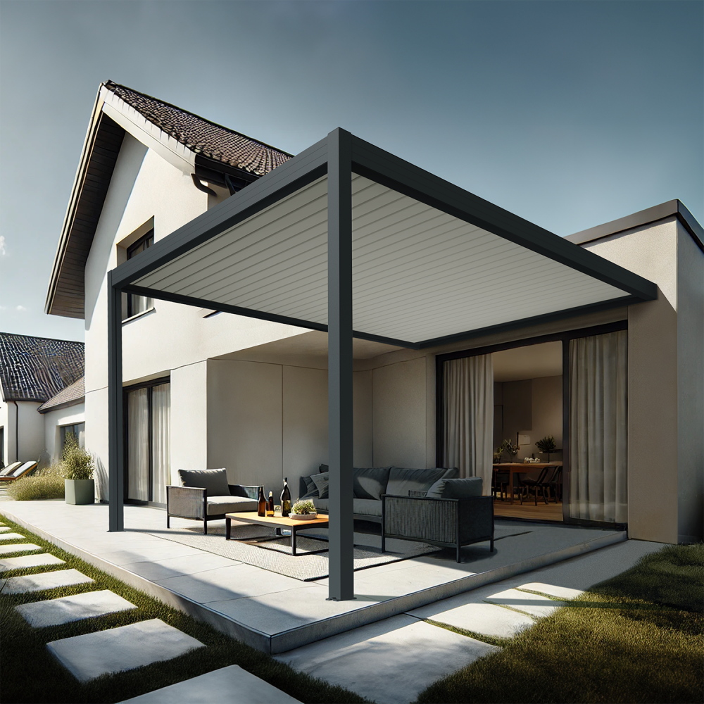 Pergola bioclimatique xenon ii (vérin à télécommande - gris anthracite / blanc - 4,50 x 6,065m)