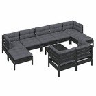 Salon de jardin meuble d'extérieur ensemble de mobilier 10 pièces avec coussins noir bois de pin solide