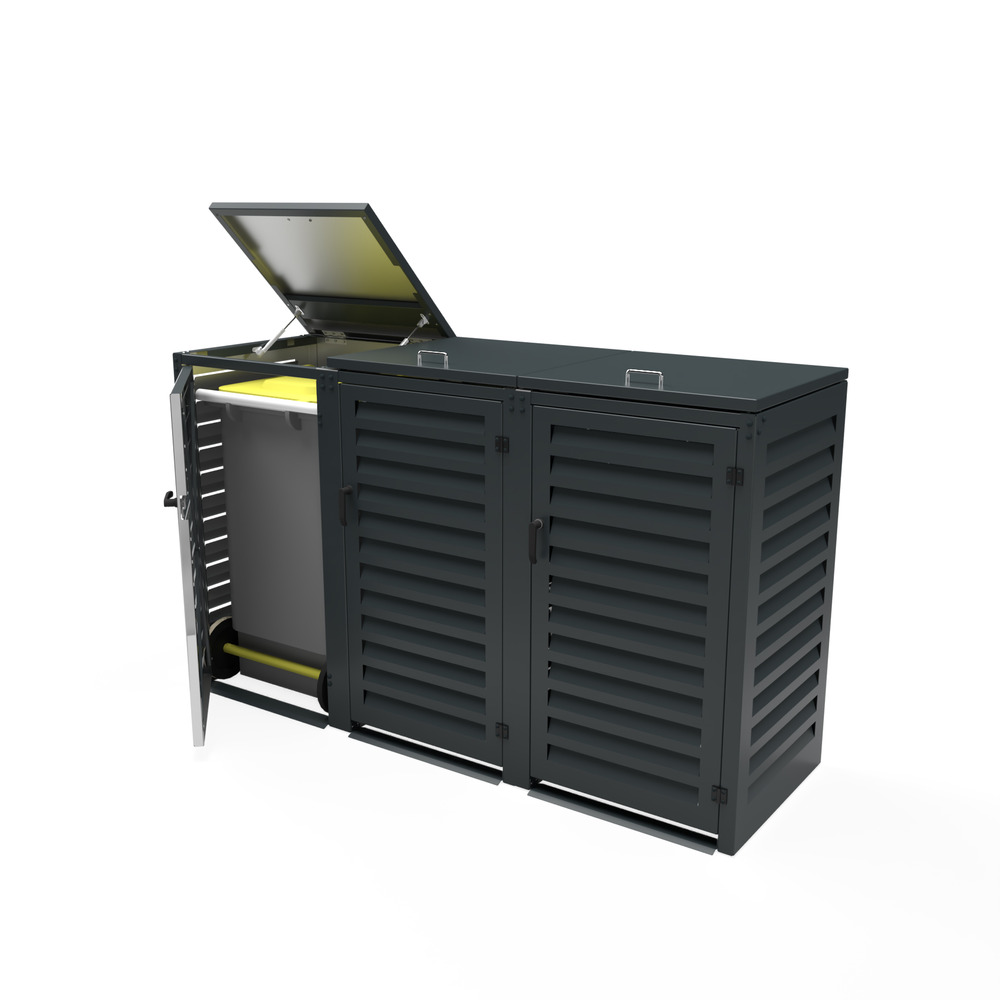 Cache poubelle triple en aluminium thermolaqué 3x120 litres - gris anthracite