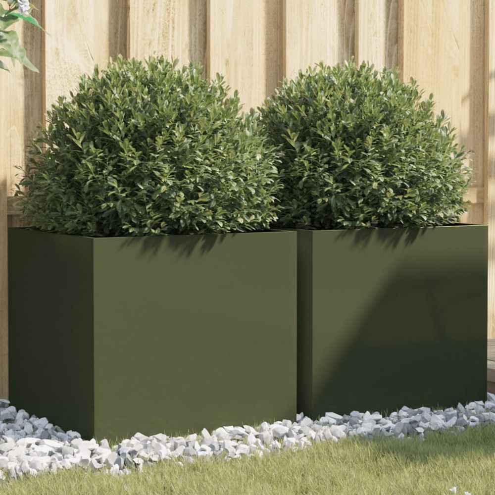 Paire de jardinières carrées moyennes acier laminé solide pour culture plantes vert olive 49x47x46cm