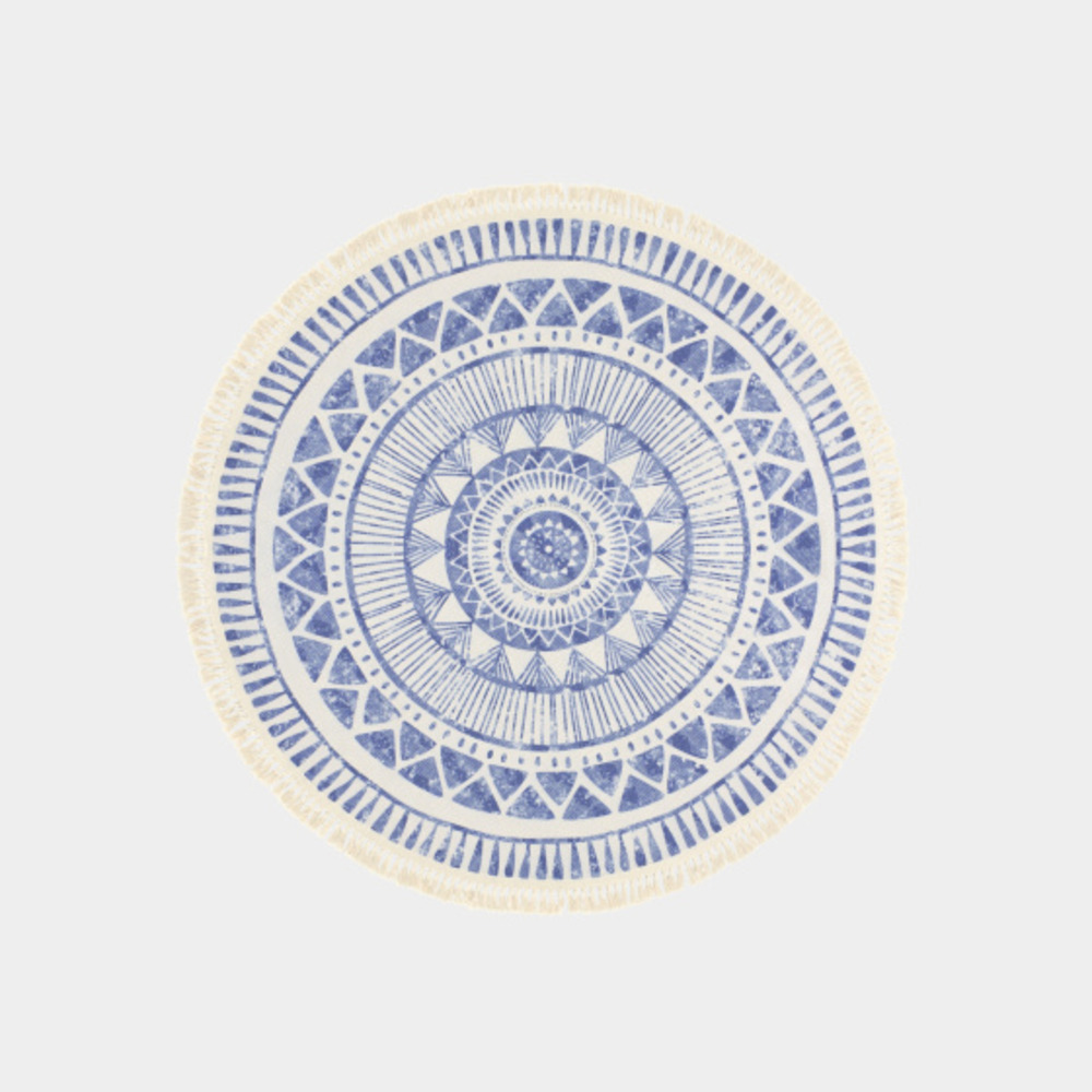 Tapis rond en coton blanc à franges - aztèque - motifs bleu - rond ø 90 cm