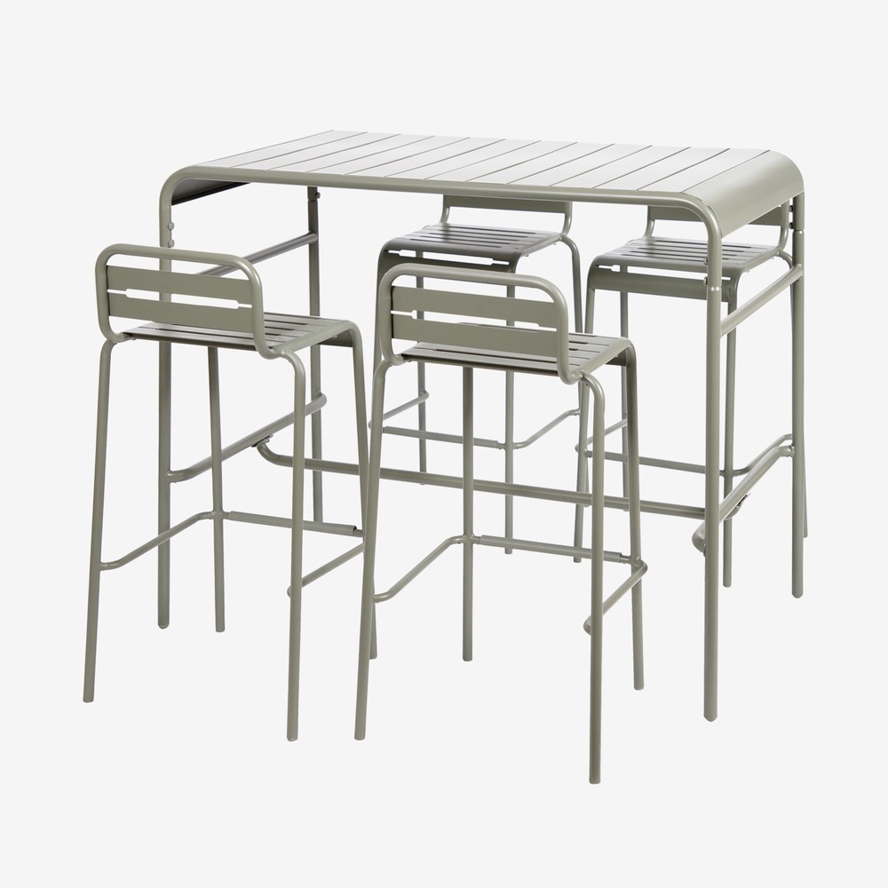 Table haute de jardin amelia, 4 chaises hautes en acier, 120 x 70cm x 95cm