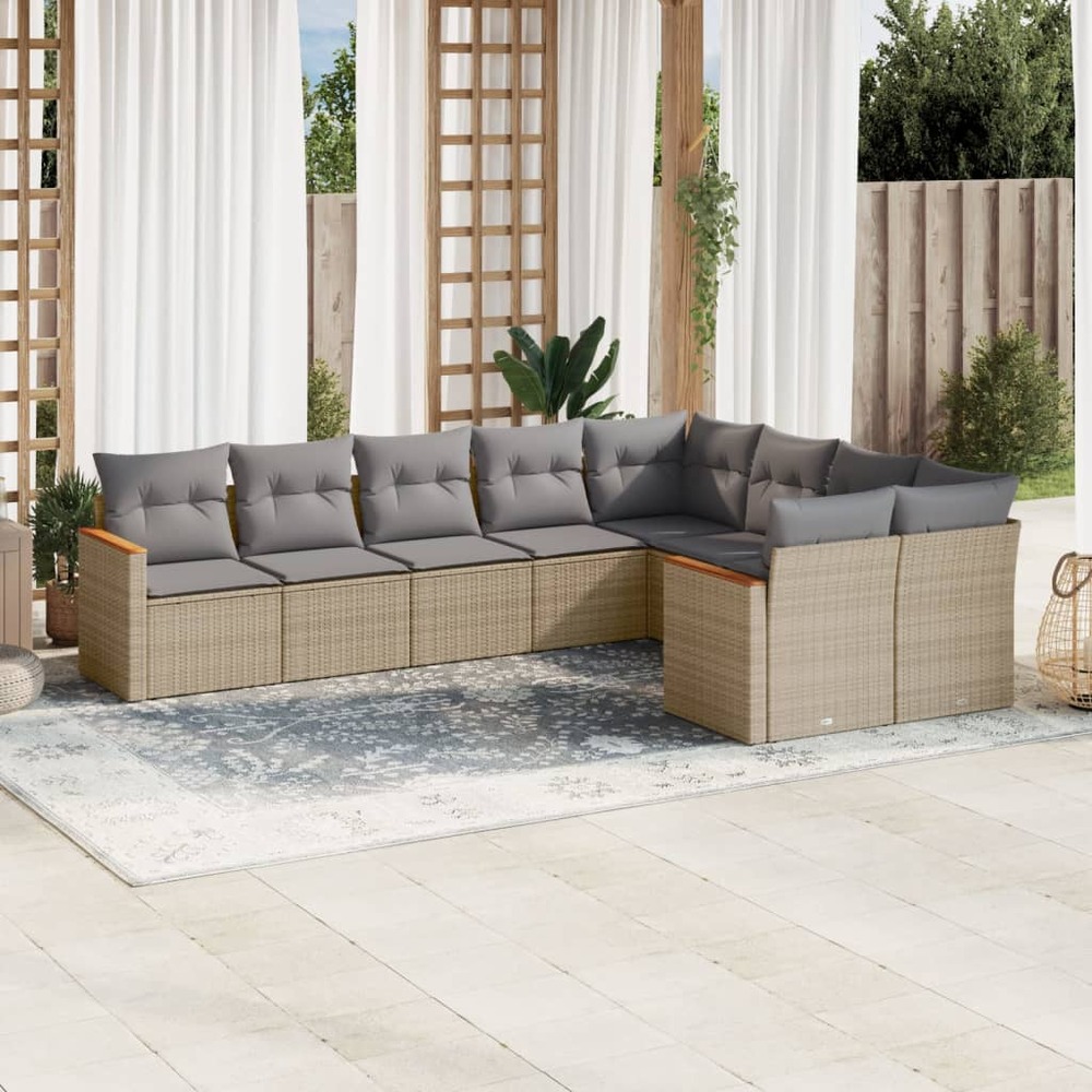 Salon de jardin avec coussins 9 pcs beige résine tressée
