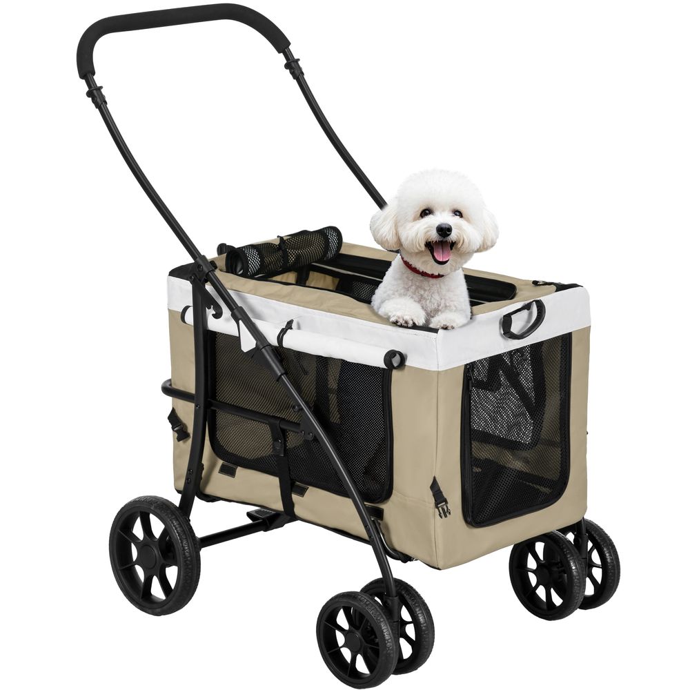 Poussette pour chien acier 4 en 1 nacelle détachable pliable avec coussin 81x58x97cm kaki