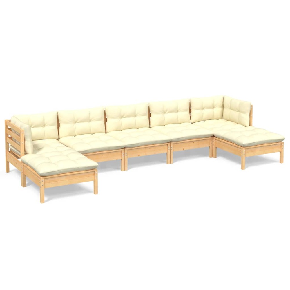 Salon de jardin meuble d'extérieur ensemble de mobilier 7 pièces avec coussins crème bois de pin