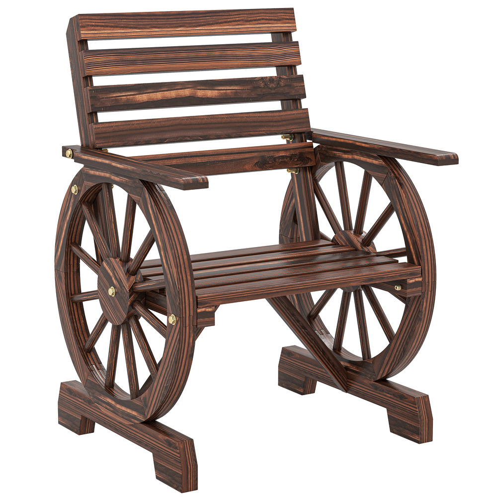 Fauteuil de jardin en bois style campagne avec design roues de chariot, bois carbonisé, élégant et pratique