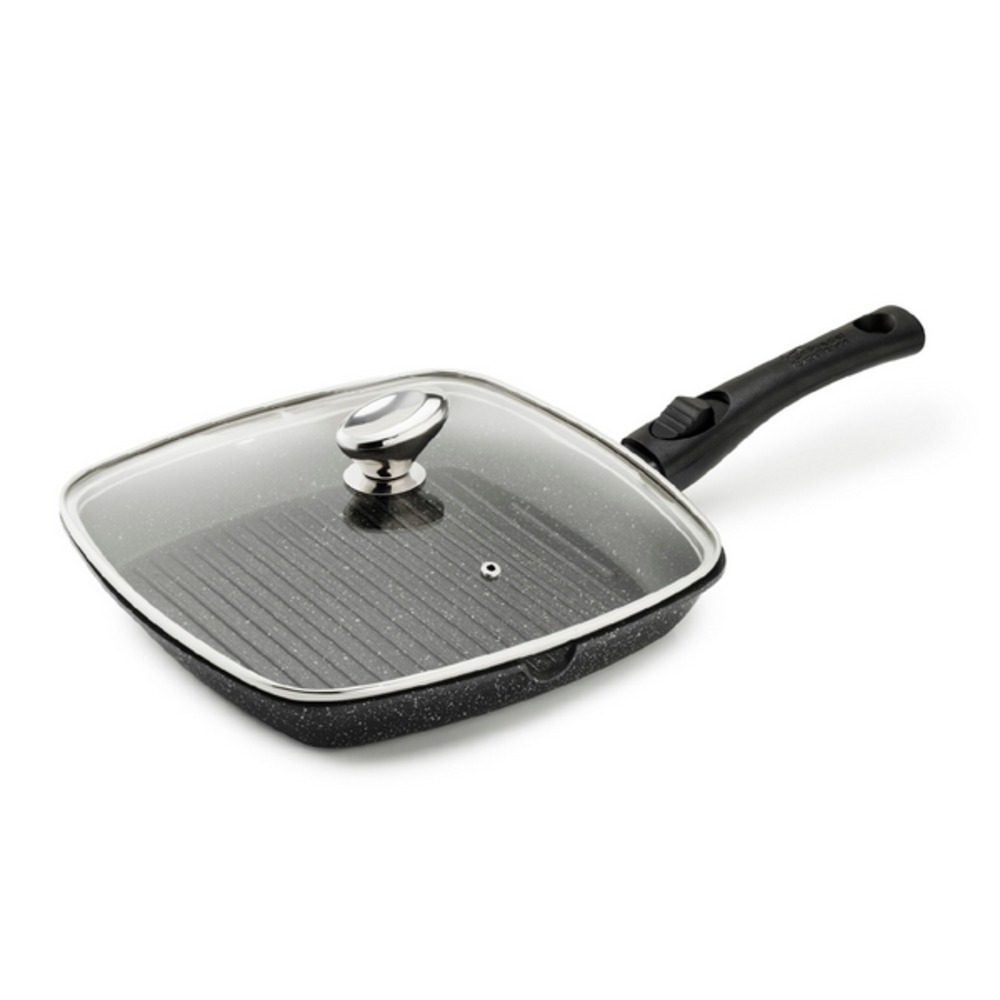 Poêle grill premium 28 x 28 cm fonte d'aluminium manche amovible avec couvercle en verre - pradel