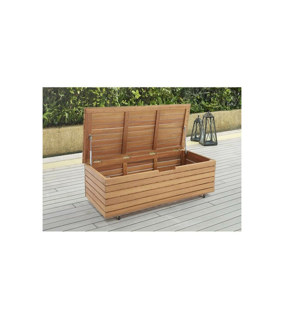 Coffre de jardin 190l en bois exotique d'eucalyptus fsc - 190 l - 48,5 x 109,5 x 37 cm - avec roulettes - effet teck