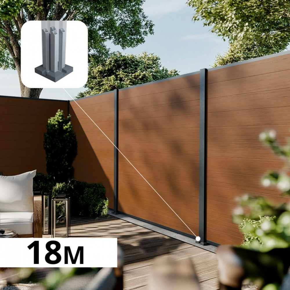 Kit clôture composite cruz teck 18x1,8m - bois composite & aluminium - poteaux sur platines gris - brise vue - palissade