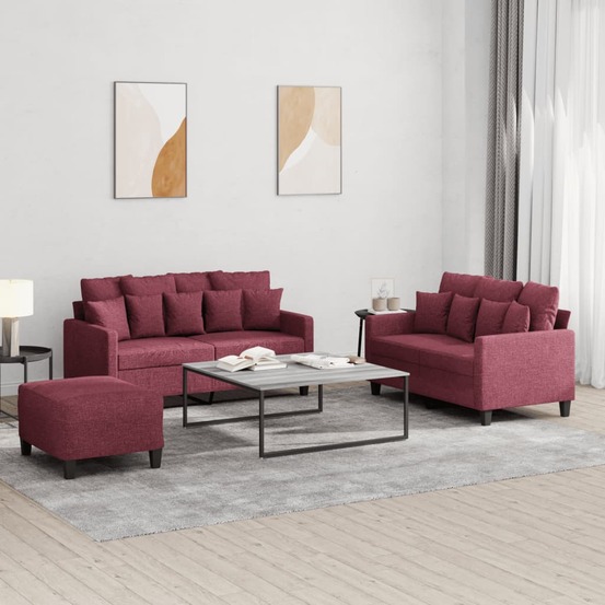 Ensemble de canapés 3 pcs avec coussins rouge bordeaux tissu