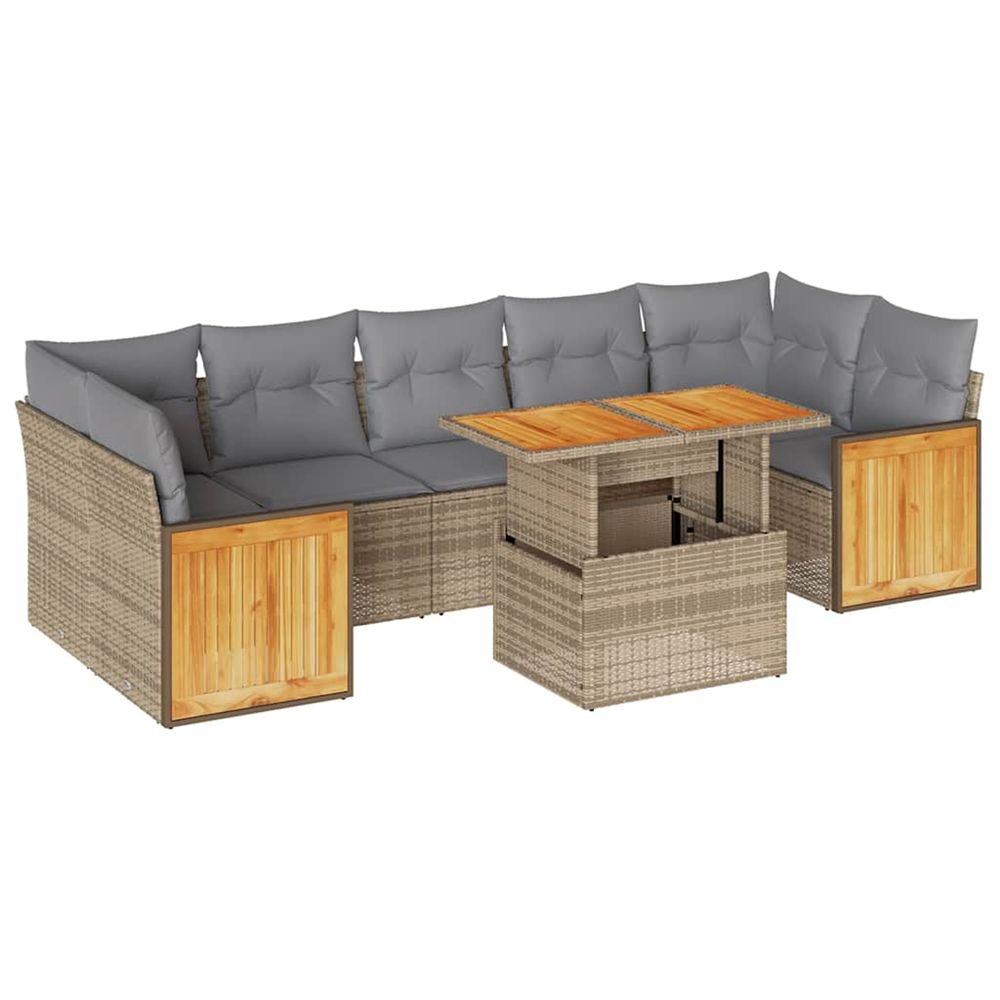 Salon de jardin avec coussins 8 pcs beige résine tressée acacia