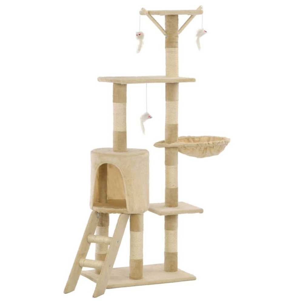 Arbre à chat griffoir grattoir niche jouet animaux peluché en sisal 138 cm beige