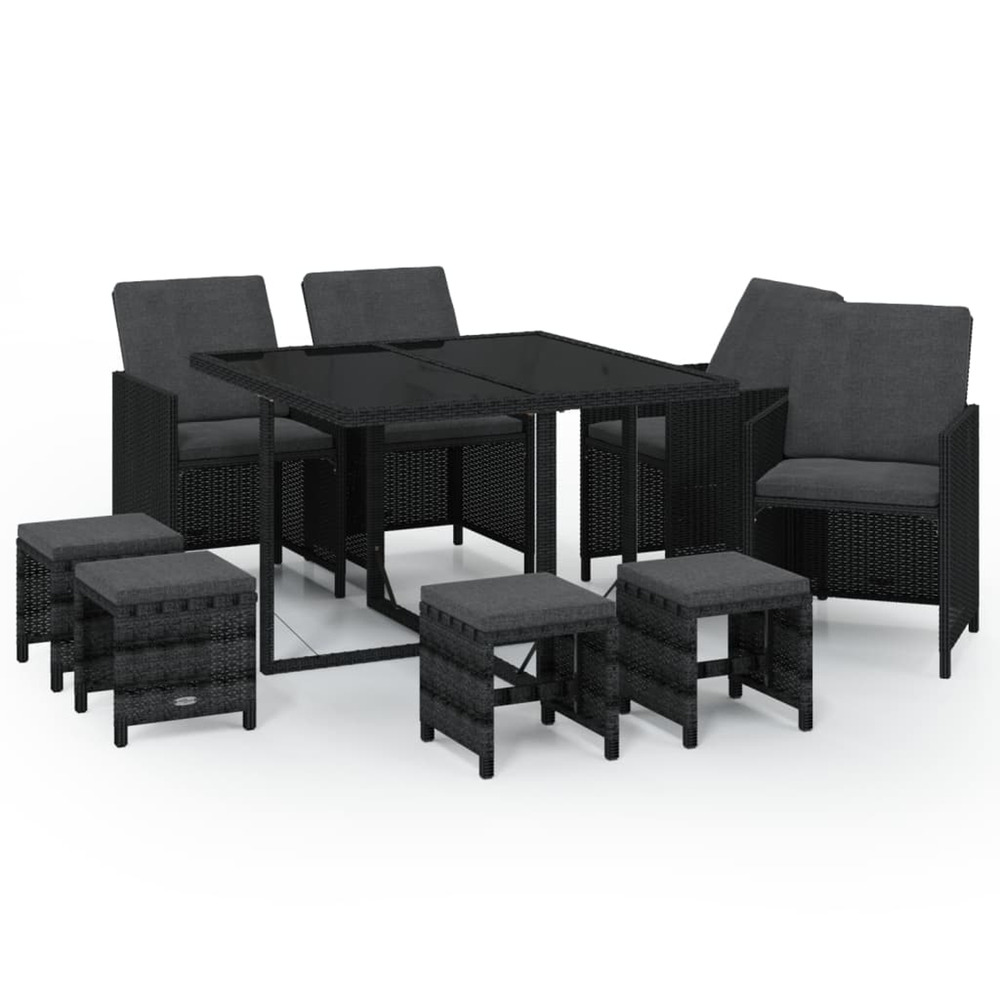 Ensemble à manger de jardin coussins 9pcs résine tressée noir