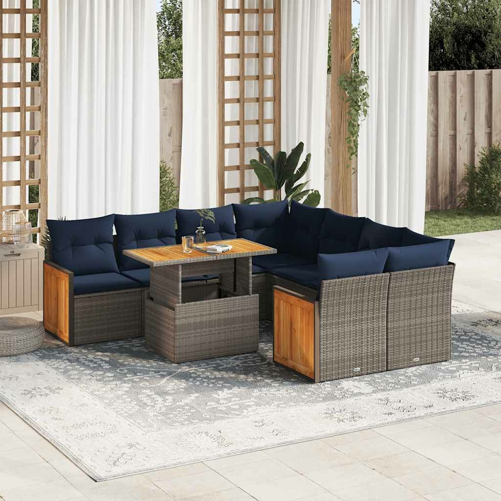 Salon de jardin avec coussins 9 pcs gris résine tressée acacia
