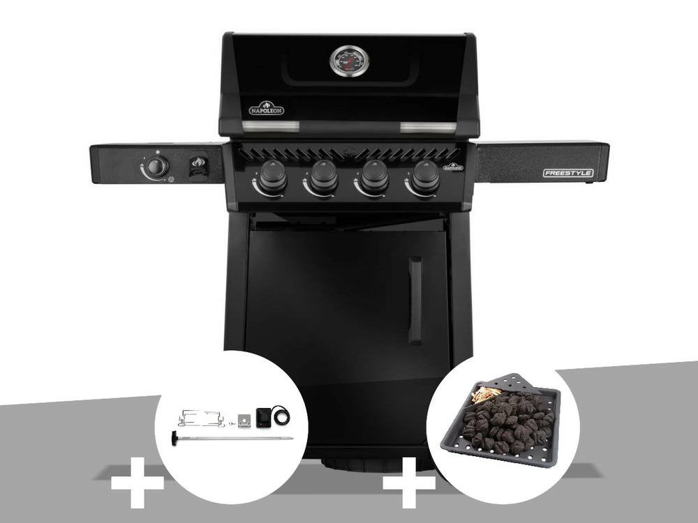 Barbecue gaz freestyle 425 noir 4 brûleurs + 1 réchaud latéral + rôtissoire + pl