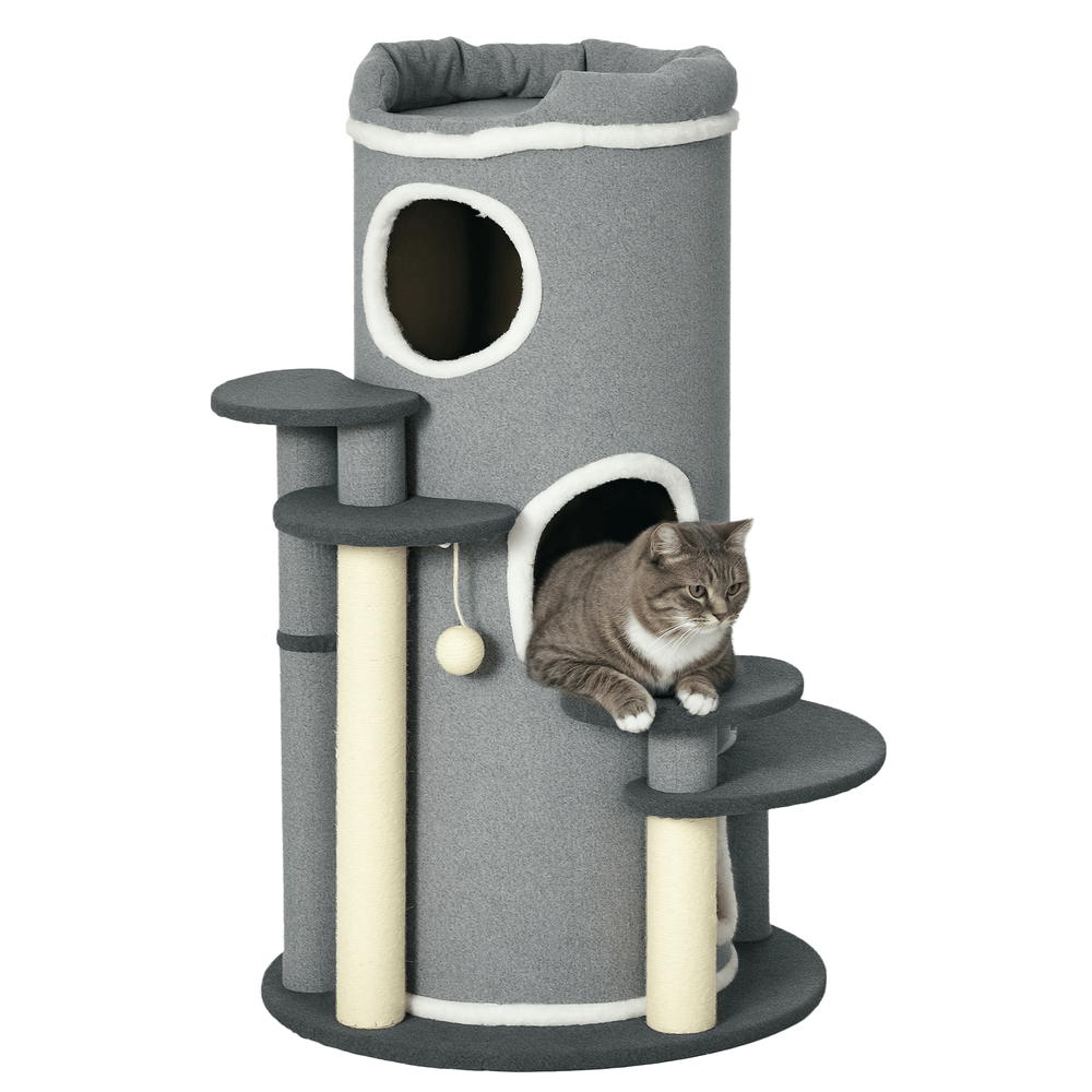 Tour arbre à chat tonneau multiniveaux niche cachette poteaux griffoirs sisal 99cm gris