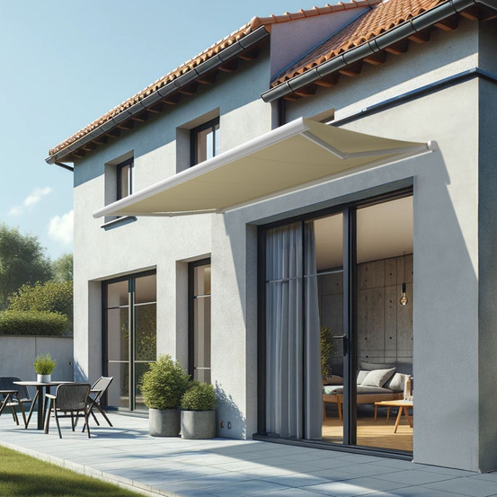 Store banne coffre intégral cinabre 3,00x2,00 m (motorisé à télécommande - blanc satiné ral9010 - écru)