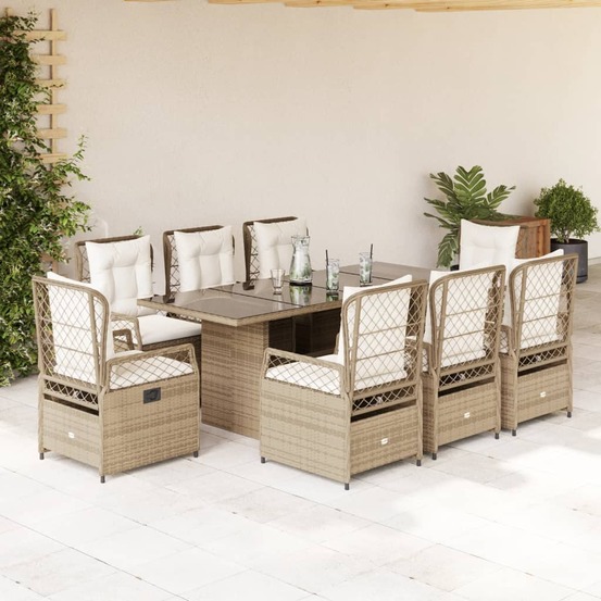 Ensemble à manger de jardin et coussins 9 pcs beige poly rotin