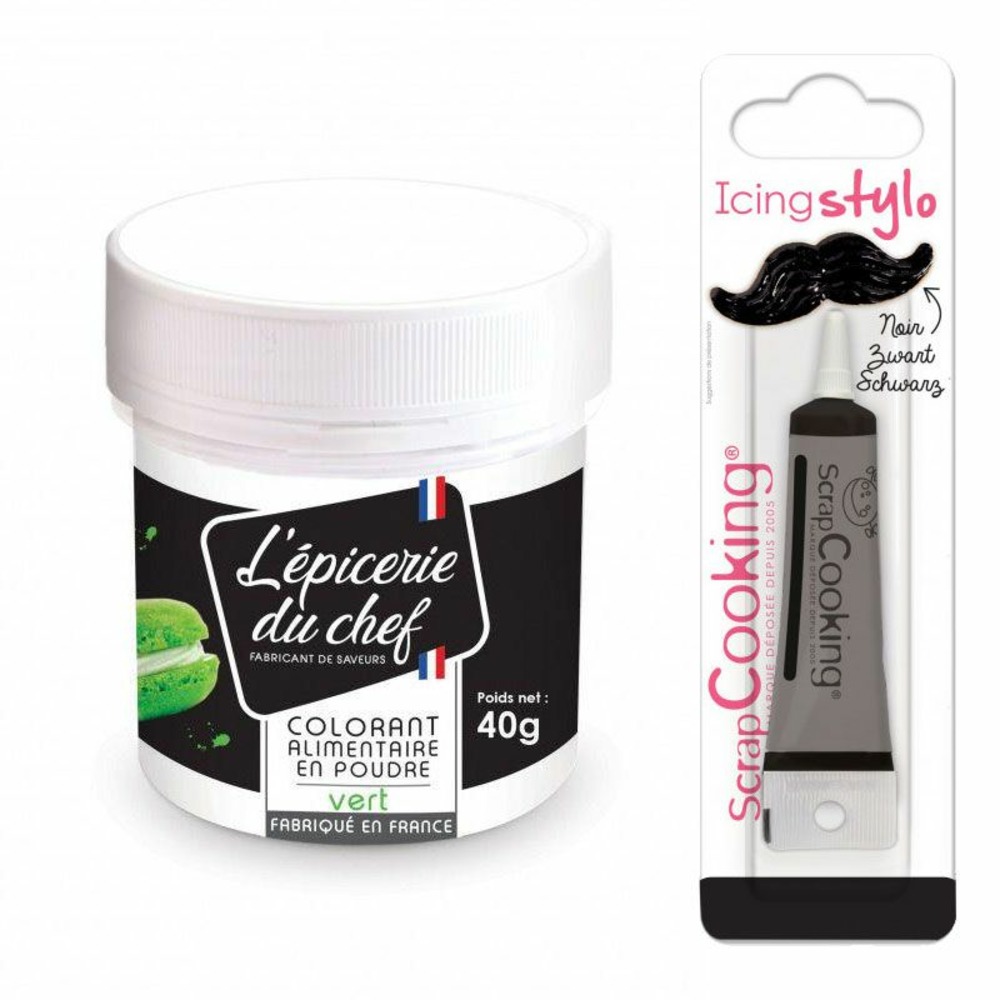 Colorant alimentaire en poudre vert 40 g + stylo glaçage noir
