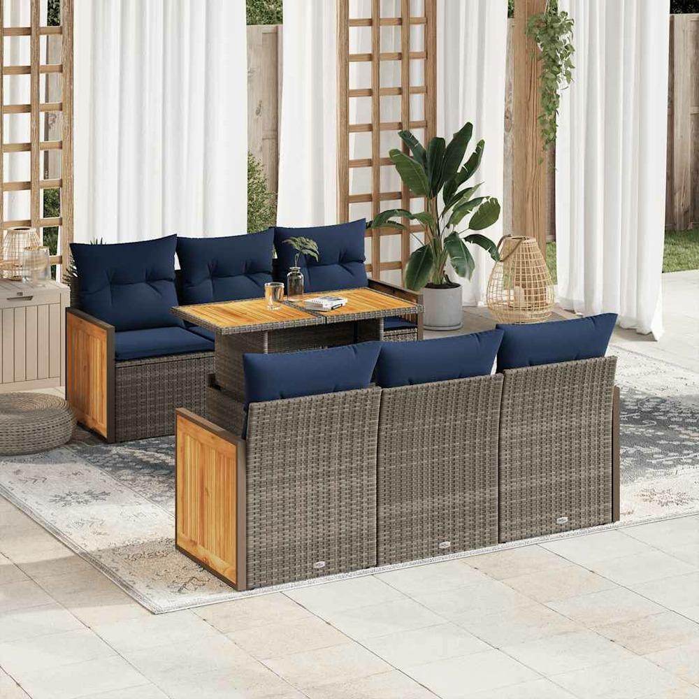 Salon de jardin avec coussins 7 pcs gris résine tressée acacia