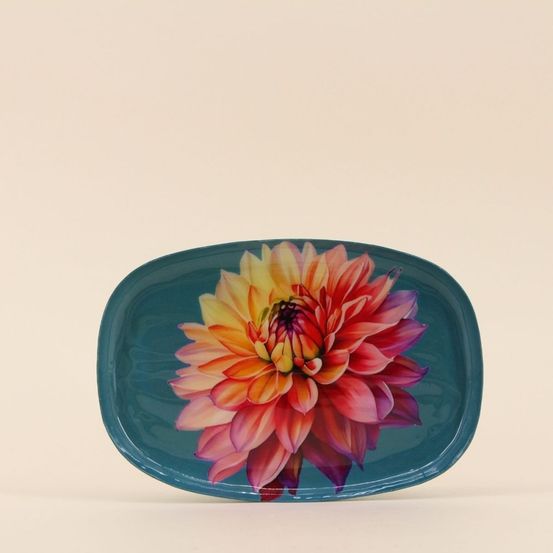 Plateau en métal laqué turquoise fleuri 20x14cm