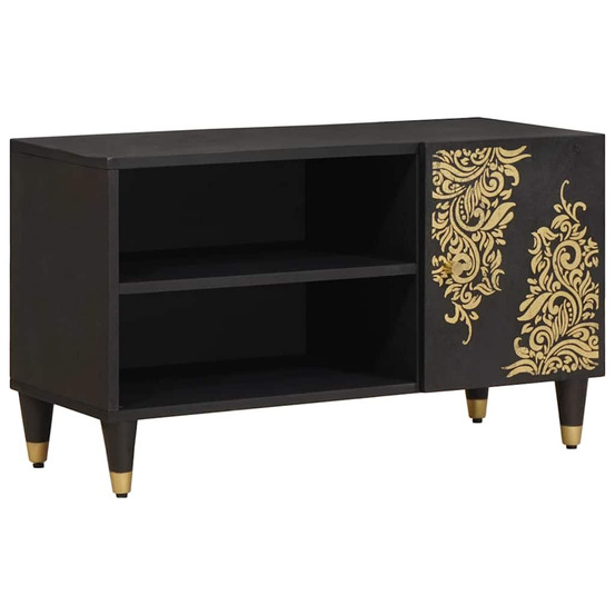 Meuble tv avec porte noir 80 x 33 x 46 cm bois de mangue massif