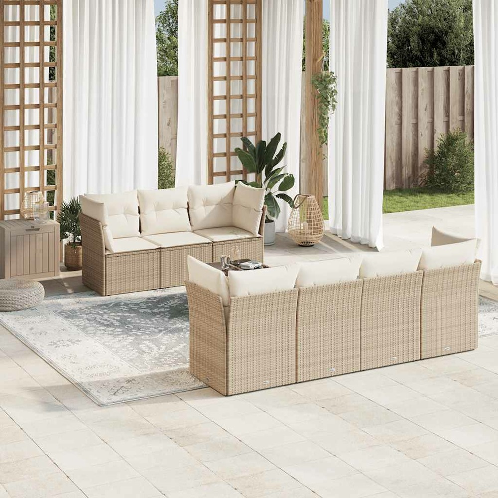 Salon de jardin avec coussins 8 pcs beige résine tressée