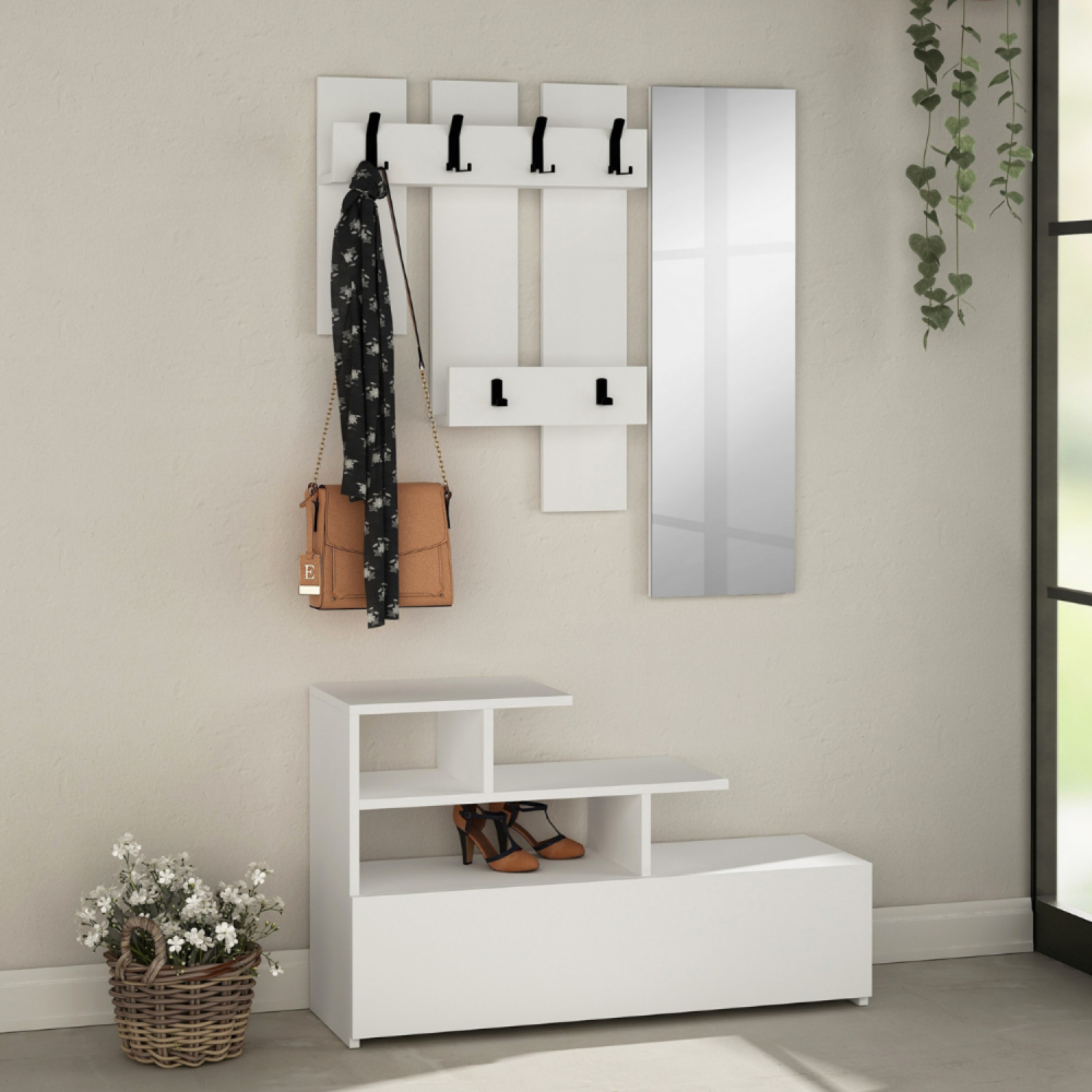 Meuble d'entrée blanc avec porte manteau, rangement et miroir mesty