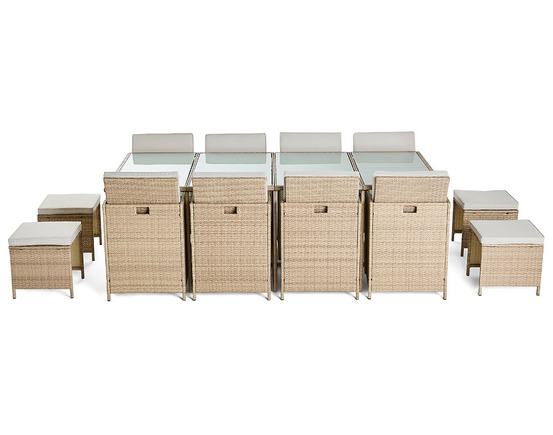 Fira – salon de jardin encastrable en résine tressée beige - 12 places - coussins beige + housse de protection