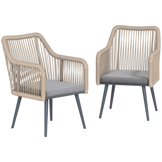 Lot de 2 fauteuils de jardin : résistants, accoudoirs, coussins, cadre métal, capacité 120 kg, gris clair