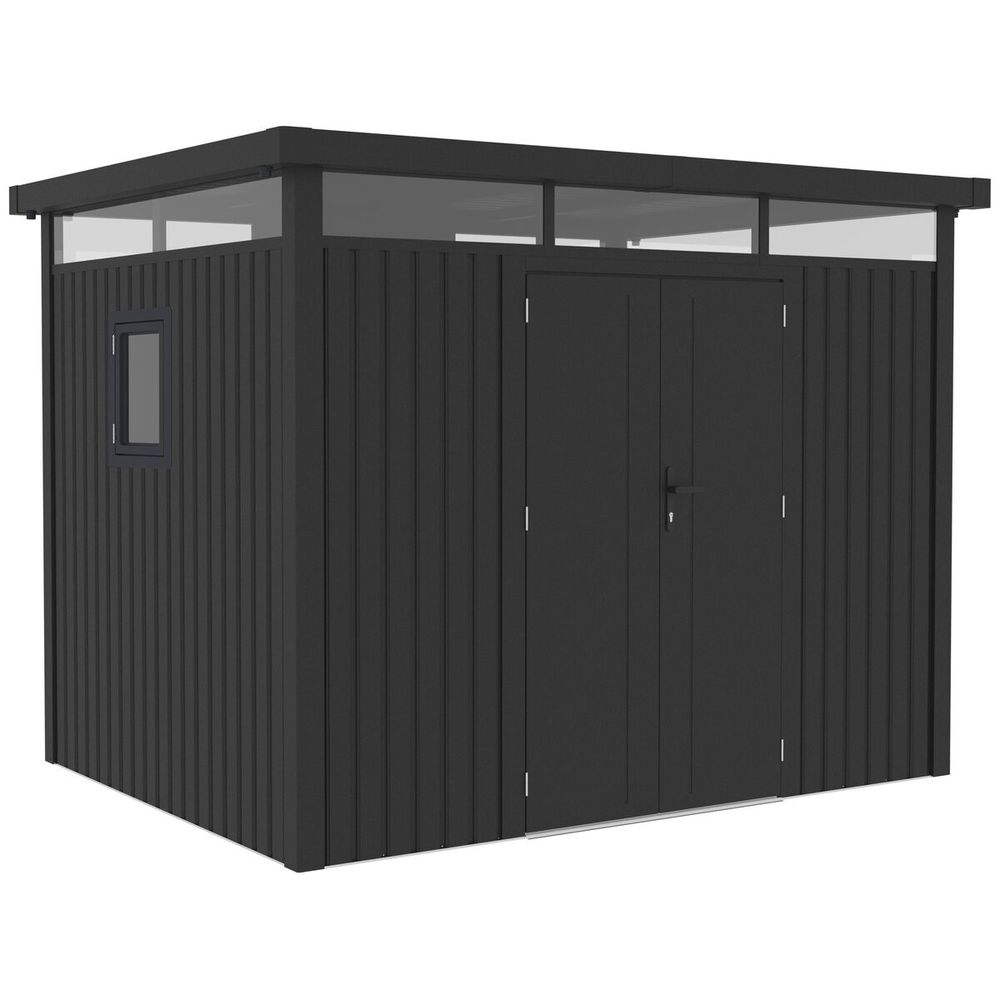 Abri de jardin métal premium avec toit plat et porte battante 