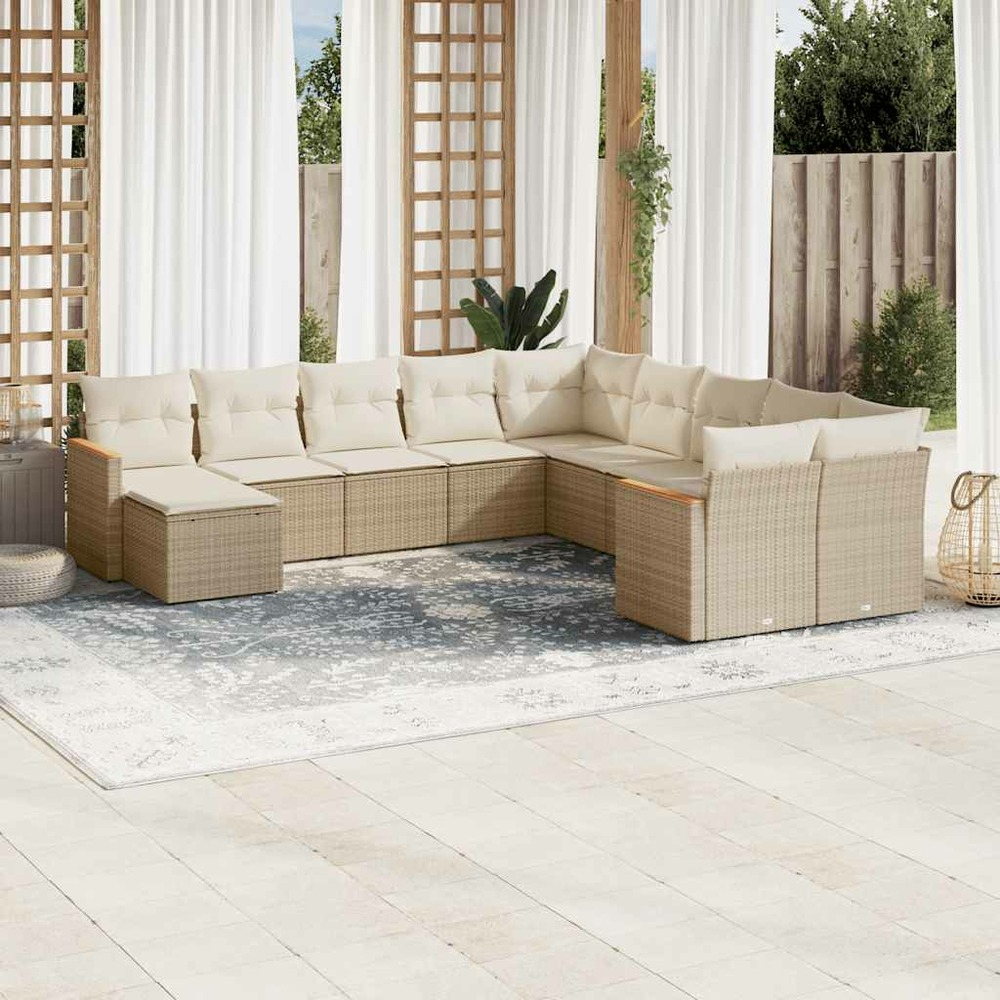 Salon de jardin 11 pcs avec coussins beige résine tressée