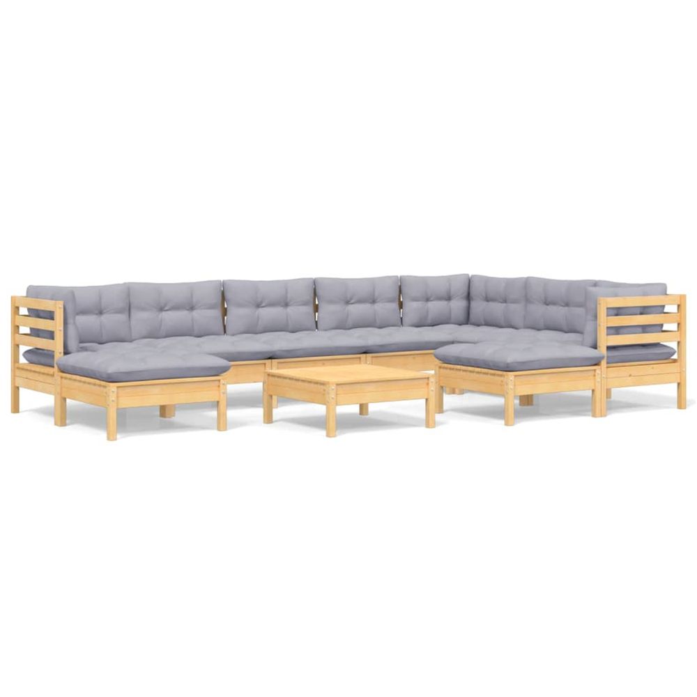 Salon de jardin 10 pcs avec coussins gris bois de pin massif
