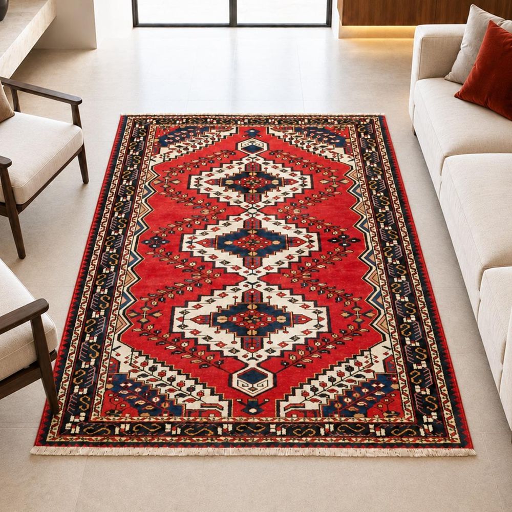 Tapis d'orient 150 x 201 cm, rouge, bleu et crème, laine nouée main, hamadan 48