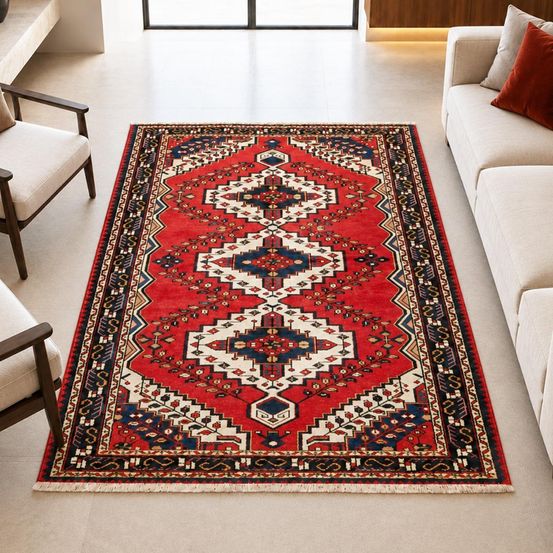 Tapis d'orient 150 x 201 cm, rouge, bleu et crème, laine nouée main, hamadan 48